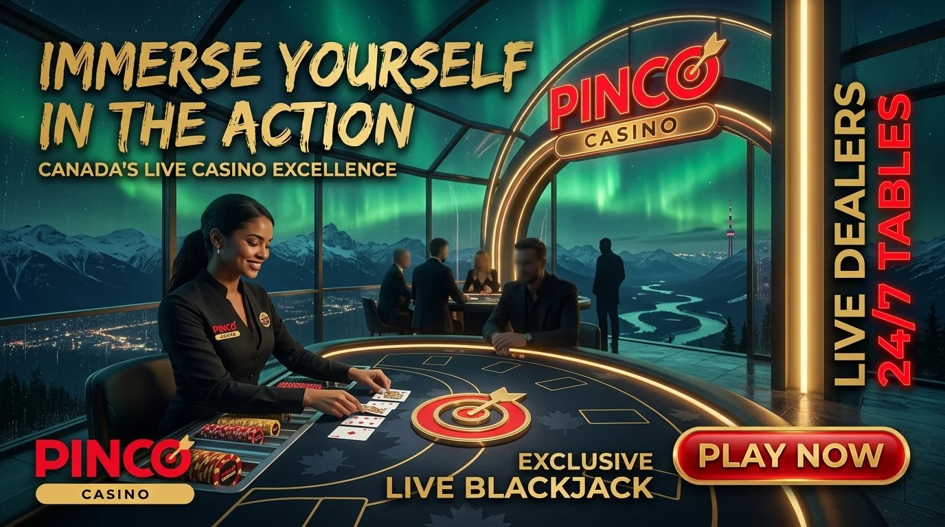 A live blackjack table at night under green northern lights, with a mountain view and a Pinco Casino sign.